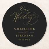 Elegant Zwart Goud Elegant Script Bruiloft Ronde Kartonnen Onderzetter (Voorkant)