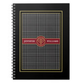 Elegant Zwart Goud en Rood Geruit Monogram Notitieboek (Voorkant)