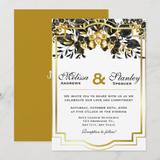 Elegant Zwart Goud Eucalyptus Geometrisch Bruiloft Kaart