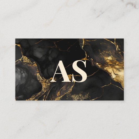Elegant zwart goud faux glitter marmer monogram afsprakenkaartje (Voorkant)