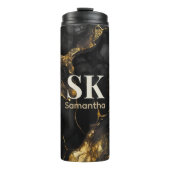 Elegant zwart goud faux glitter marmer monogram thermosbeker (Voorkant)