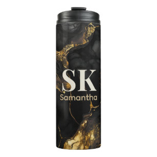 Elegant zwart goud faux glitter marmer monogram thermosbeker