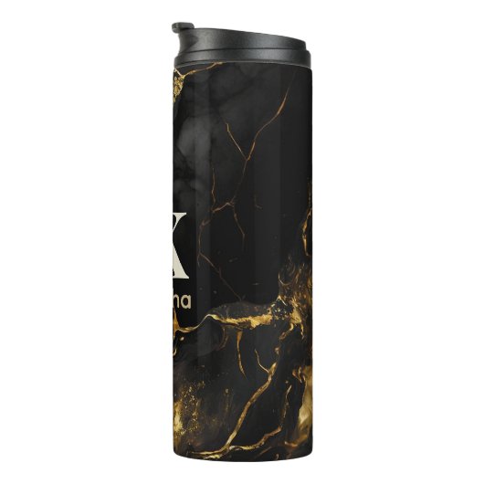 Elegant zwart goud faux glitter marmer monogram thermosbeker (Geroteerd rechts)