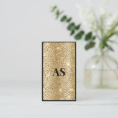 Elegant zwart goud faux glitter marmer monogram visitekaartje (Staand voorkant)