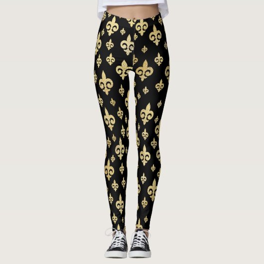 Elegant Zwart & Goud Fleur-de-Lis | Mardi Gras Leggings (Voorkant)