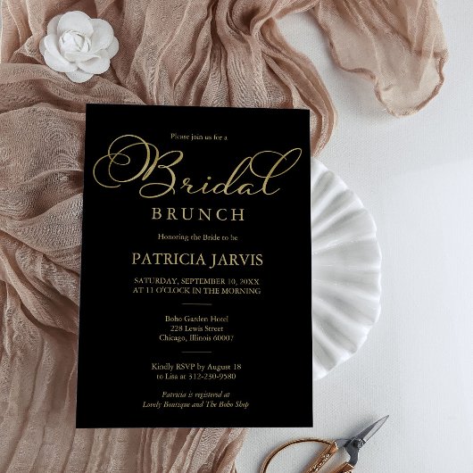 Elegant Zwart Goud Folie Script Bridal Brunch Kaart