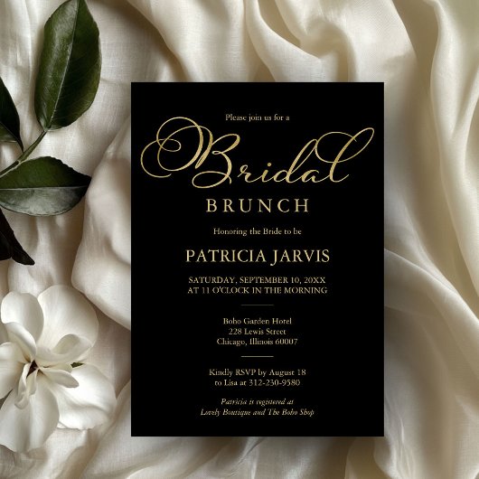 Elegant Zwart Goud Folie Script Bridal Brunch Kaart