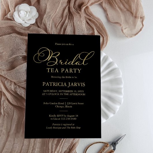 Elegant Zwart Goud Folie Script Bridal Tea Party Kaart