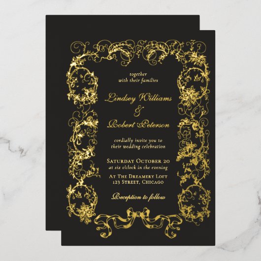 Elegant Zwart Goud Folie Uitnodiging (Voorkant / Achterkant)