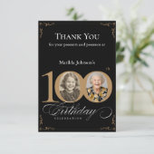 Elegant Zwart Goud Foto 100e Verjaardagsfeestje Bedankkaart (Staand voorkant)