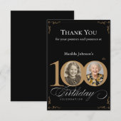 Elegant Zwart Goud Foto 100e Verjaardagsfeestje Bedankkaart (Voorkant / Achterkant)