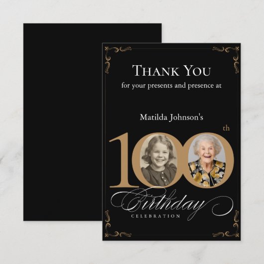 Elegant Zwart Goud Foto 100e Verjaardagsfeestje Bedankkaart (Voorkant / Achterkant)