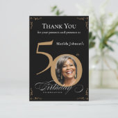 Elegant Zwart Goud Foto 50e Verjaardagsfeestje Bedankkaart (Staand voorkant)