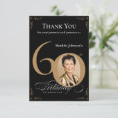 Elegant Zwart Goud Foto 60e Verjaardagsfeestje Bedankkaart (Staand voorkant)