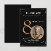 Elegant Zwart Goud Foto 80e Verjaardagsfeestje Bedankkaart (Voorkant / Achterkant)
