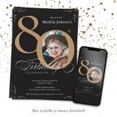 Elegant Zwart Goud Foto 80e Verjaardagsfeestje Kaart