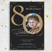 Elegant Zwart Goud Foto 80e Verjaardagsfeestje Kaart