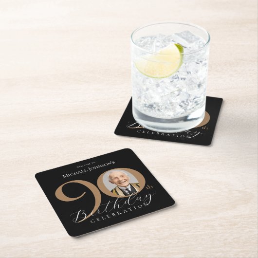 Elegant zwart goud foto 90ste verjaardagsfeest kartonnen onderzetters (Insitu)