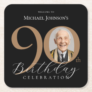 Elegant zwart goud foto 90ste verjaardagsfeest kartonnen onderzetters