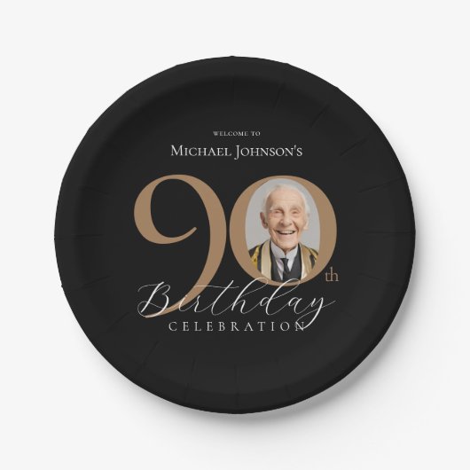 Elegant zwart goud foto 90ste verjaardagsfeest papieren bordje (Voorkant)