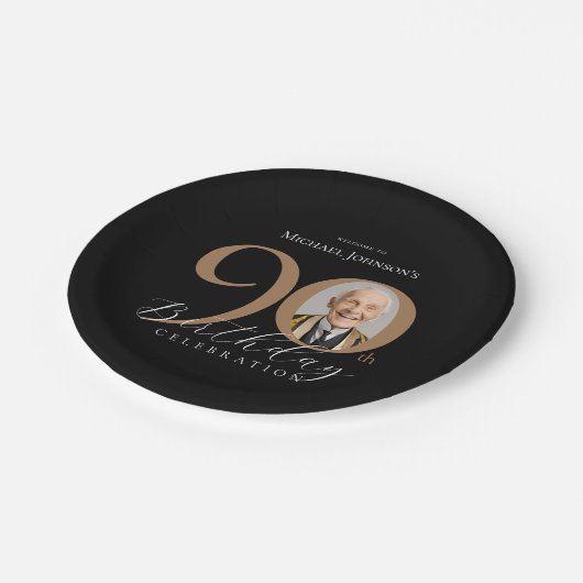 Elegant zwart goud foto 90ste verjaardagsfeest papieren bordje (Gekanteld)