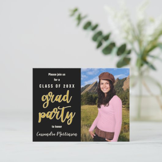 Elegant Zwart Goud Foto Afstudeerfeest Uitnodigen Uitnodiging Briefkaart (Staand voorkant)