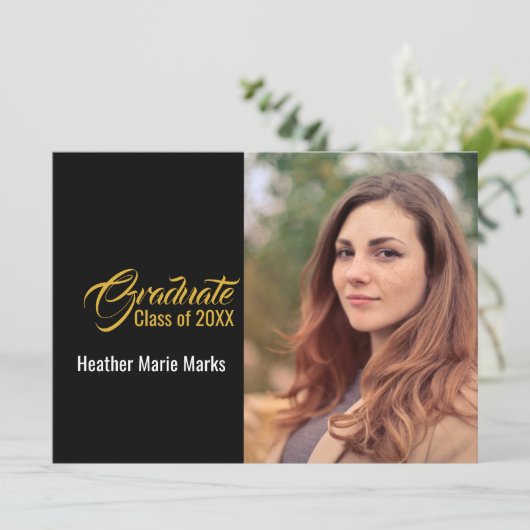 Elegant Zwart Goud Foto Afstuderen Celebration Kaart (Staand voorkant)