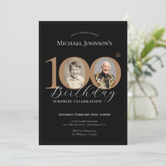 Elegant Zwart Goud Foto Verrassing 100ste Verjaard Kaart (Staand voorkant)