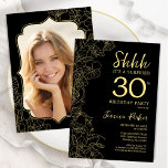 Elegant Zwart Goud Foto Verrassing 30e Verjaardag Kaart<br><div class="desc">Elegante zwarte en gouden verrassing 30ste verjaardag feestuitnodiging met uw foto op de achterkant van de kaart. Trendy modern vrouwelijk ontwerp heeft botanische accenten en typografie script lettertype. Eenvoudige bloemenuitnodigingskaart perfect voor een stijlvol vrouw verrassen dagviering. Kan worden aangepast aan elke leeftijd. Gedrukte Zazzle-uitnodigingen of direct download digitale afdrukbare sjabloon....</div>