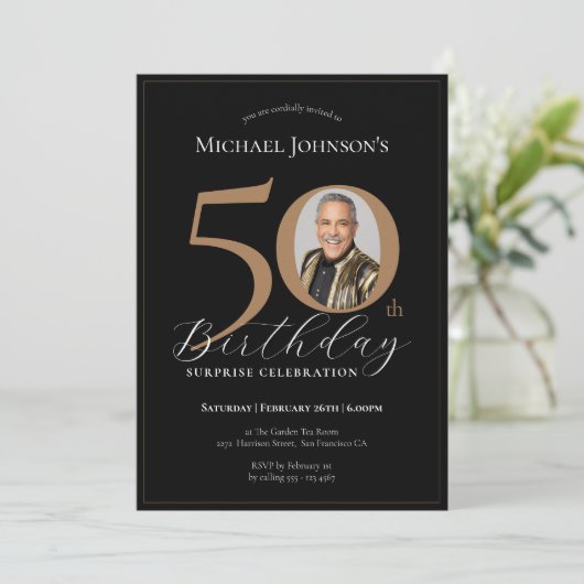 Elegant Zwart Goud Foto Verrassing 50e Verjaardag Kaart (Staand voorkant)