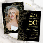 Elegant Zwart Goud Foto Verrassing 50e Verjaardag Kaart<br><div class="desc">Elegante zwarte en gouden verrassing 50ste verjaardag feestuitnodiging met uw foto op de achterkant van de kaart. Trendy modern vrouwelijk ontwerp heeft botanische accenten en typografie script lettertype. Eenvoudige bloemenuitnodigingskaart perfect voor een stijlvol vrouw verrassen dagviering. Kan worden aangepast aan elke leeftijd. Gedrukte Zazzle-uitnodigingen of direct download digitale afdrukbare sjabloon....</div>