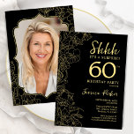 Elegant Zwart Goud Foto Verrassing 60e Verjaardag Kaart<br><div class="desc">Elegante zwarte en gouden verrassing 60ste verjaardag feestuitnodiging met uw foto op de achterkant van de kaart. Trendy modern vrouwelijk ontwerp heeft botanische accenten en typografie script lettertype. Eenvoudige bloemenuitnodigingskaart perfect voor een stijlvol vrouw verrassen dagviering. Kan worden aangepast aan elke leeftijd. Gedrukte Zazzle-uitnodigingen of direct download digitale afdrukbare sjabloon....</div>