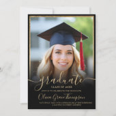 Elegant Zwart Goud Fotoscript Afstuderen Kaart (Voorkant)