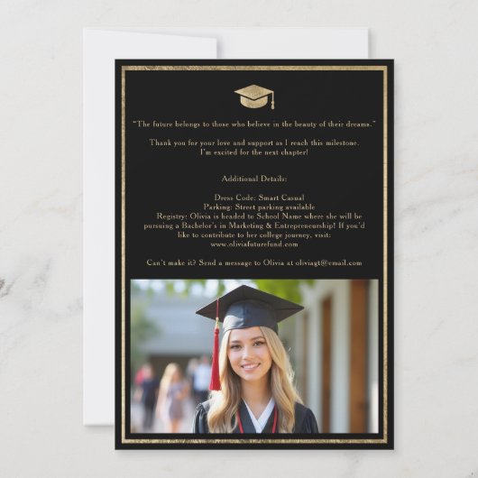 Elegant Zwart Goud Fotoscript Afstuderen Kaart (Achterkant)