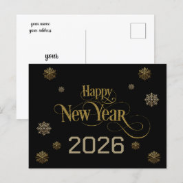 Elegant Zwart Goud Gelukkig Nieuwjaar 2026 sneeuwv Briefkaart
