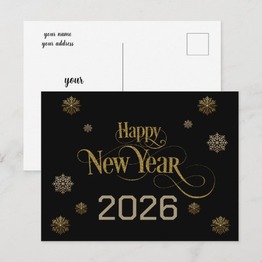 Elegant Zwart Goud Gelukkig Nieuwjaar 2026 sneeuwv Briefkaart (Voorkant / Achterkant)