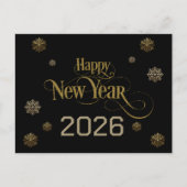 Elegant Zwart Goud Gelukkig Nieuwjaar 2026 sneeuwv Briefkaart (Voorkant)