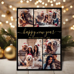 Elegant Zwart Goud Gelukkig Nieuwjaar 5 Fotocollag Feestdagenkaart<br><div class="desc">Modern Eenvoudig Elegant Kalligrafie Zwart en Goud 5 Fotocollage Happy New Year Script Vakantie Kaart. Deze feestelijke, minimalistische, grillige vijf (5) foto vakantie wenskaart sjabloon beschikt over een grid fotocollage en zegt "Happy New Year"! De begroetingstekst is geschreven in een prachtig handgeschreven wervelig swash-tail lettertype script in goud op zwarte...</div>