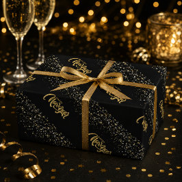 Elegant Zwart Goud Gelukkig Nieuwjaar Cadeaupapier