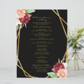 Elegant Zwart Goud Geometrisch Bloemen Bruiloft Programmakaart (Staand voorkant)