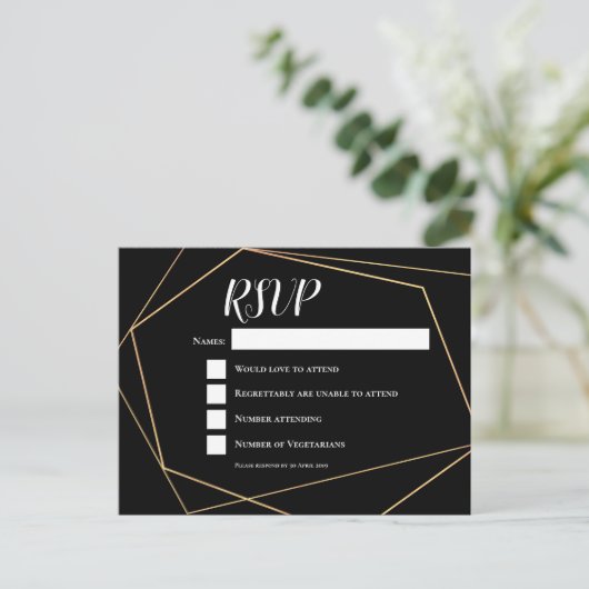 Elegant Zwart & Goud Geometrisch Lijst Bruiloft RS Briefkaart (Staand voorkant)