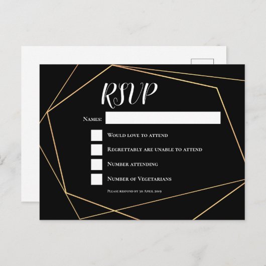 Elegant Zwart & Goud Geometrisch Lijst Bruiloft RS Briefkaart (Voorkant / Achterkant)