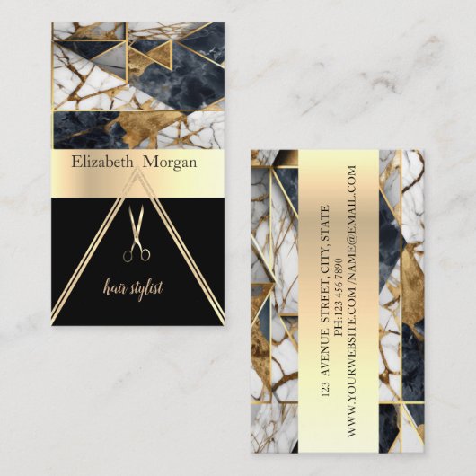 Elegant Zwart Goud Geometrisch Marmer Schaar Visitekaartje (Voorkant / Achterkant)