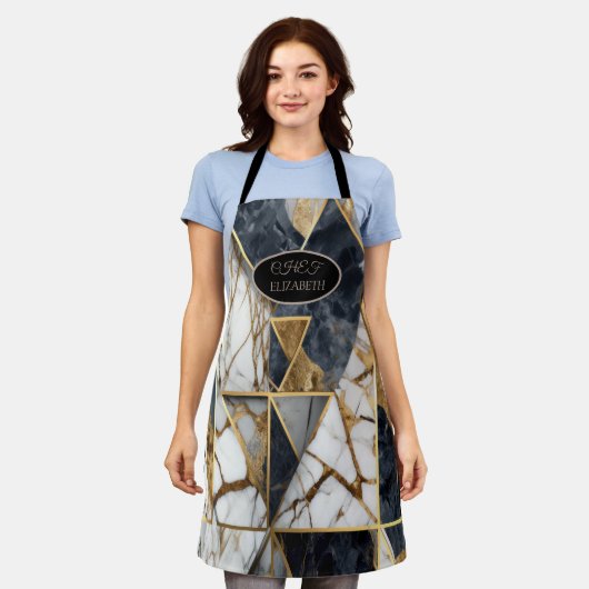 Elegant Zwart Goud Geometrisch Marmer Schort (Gedragen)