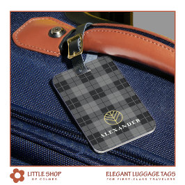 Elegant zwart goud geplakt tartan monogram bagagelabel