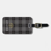 Elegant zwart goud geplakt tartan monogram bagagelabel (Voorkant horizontaal)