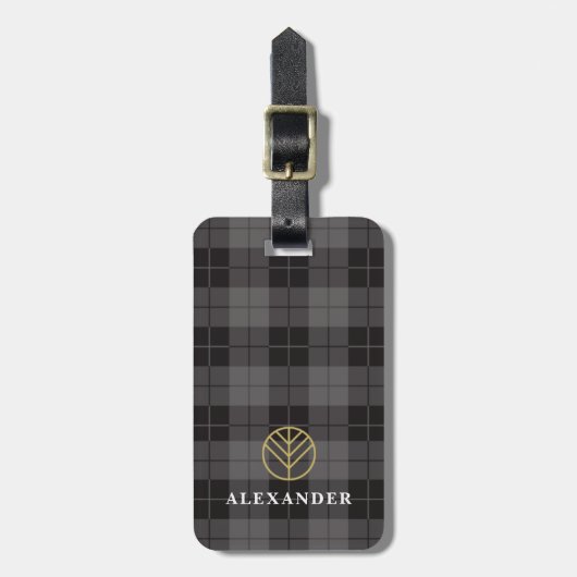 Elegant zwart goud geplakt tartan monogram bagagelabel (Voorkant verticaal)