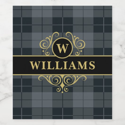 Elegant zwart goud geruite monogram wijn etiket (Enkel label)