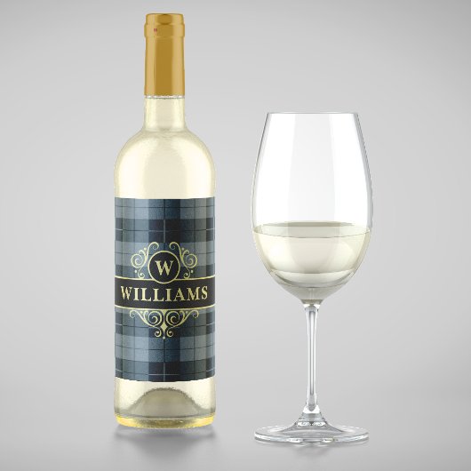 Elegant zwart goud geruite monogram wijn etiket