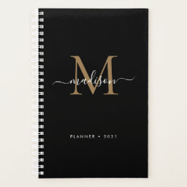 Elegant zwart goud Girly Monogram Script Naam 2021 Planner